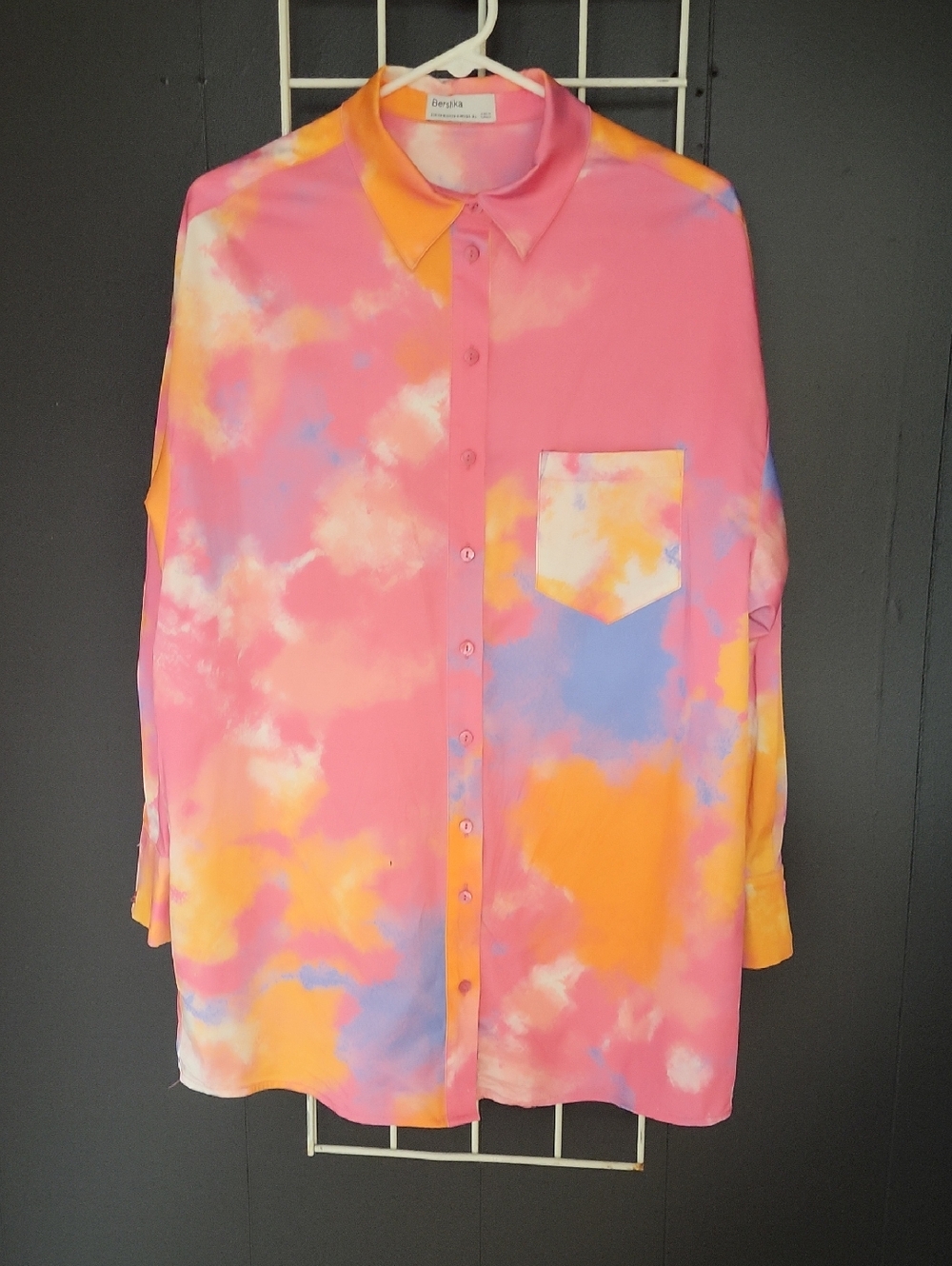Bershka Pink Orange Blue Tie-Dye Shirt, Oversized XS